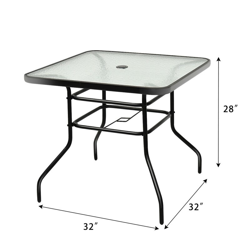 Pemberly Row Outdoor Patio Square Table Tempered Glass Steel Frame in Black