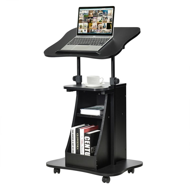 Pemberly Row Sit to Stand Laptop Desk Cart Rolling Mobile Black