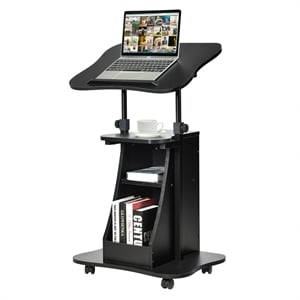 Pemberly Row Sit to Stand Laptop Desk Cart Rolling Mobile Black