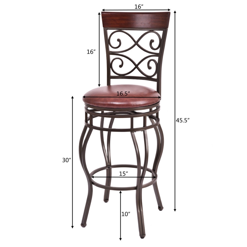 Pemberly Row Set of 2 Vintage Bar Stools Swivel Padded Seat Bistro Pub Brown