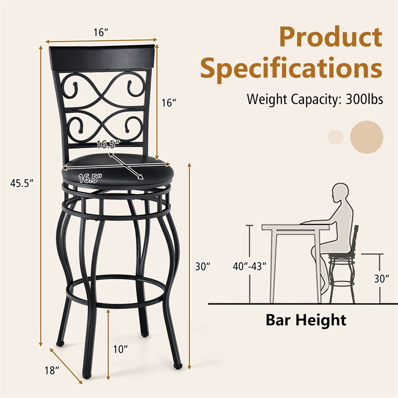 Pemberly Row Set of 2 Vintage Bar Stools Swivel Padded Seat Bistro Pub Black