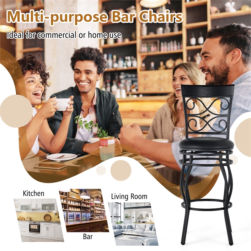 Pemberly Row Set of 2 Vintage Bar Stools Swivel Padded Seat Bistro Pub Black