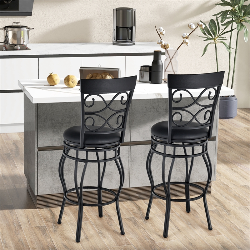 Pemberly Row Set of 2 Vintage Bar Stools Swivel Padded Seat Bistro Pub Black