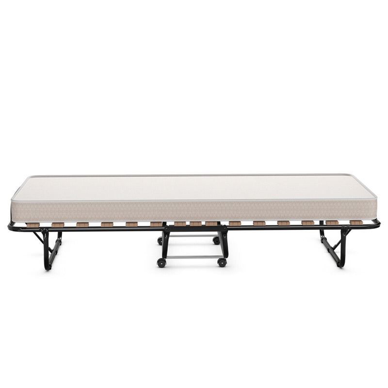 Pemberly Row Folding Bed Rollaway Extra Guest W/Memory Foam Mattress Beige