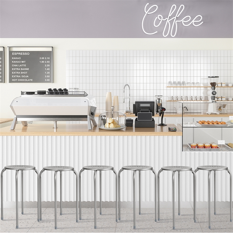 Pemberly Row Set of 6 Stackable Metal Stool Set Backless Round Top in Gray