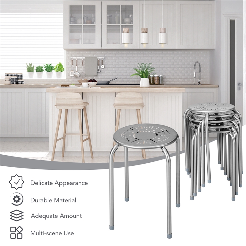 Pemberly Row Set of 6 Stackable Metal Stool Set Backless Round Top in Gray