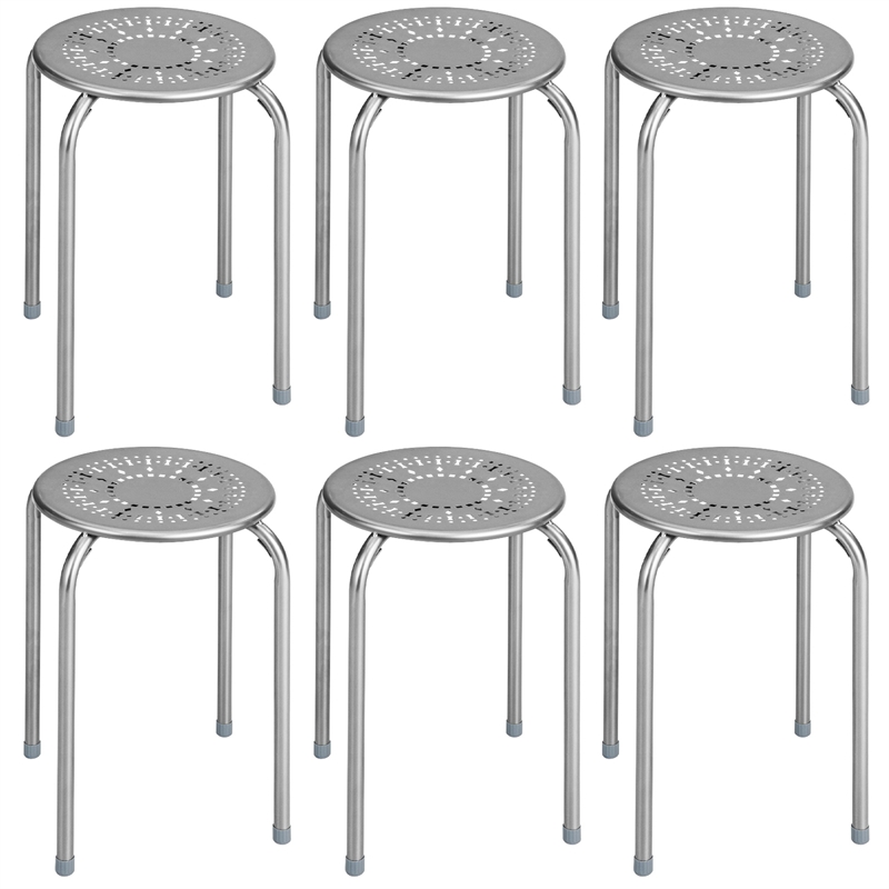 Pemberly Row Set of 6 Stackable Metal Stool Set Backless Round Top in Gray