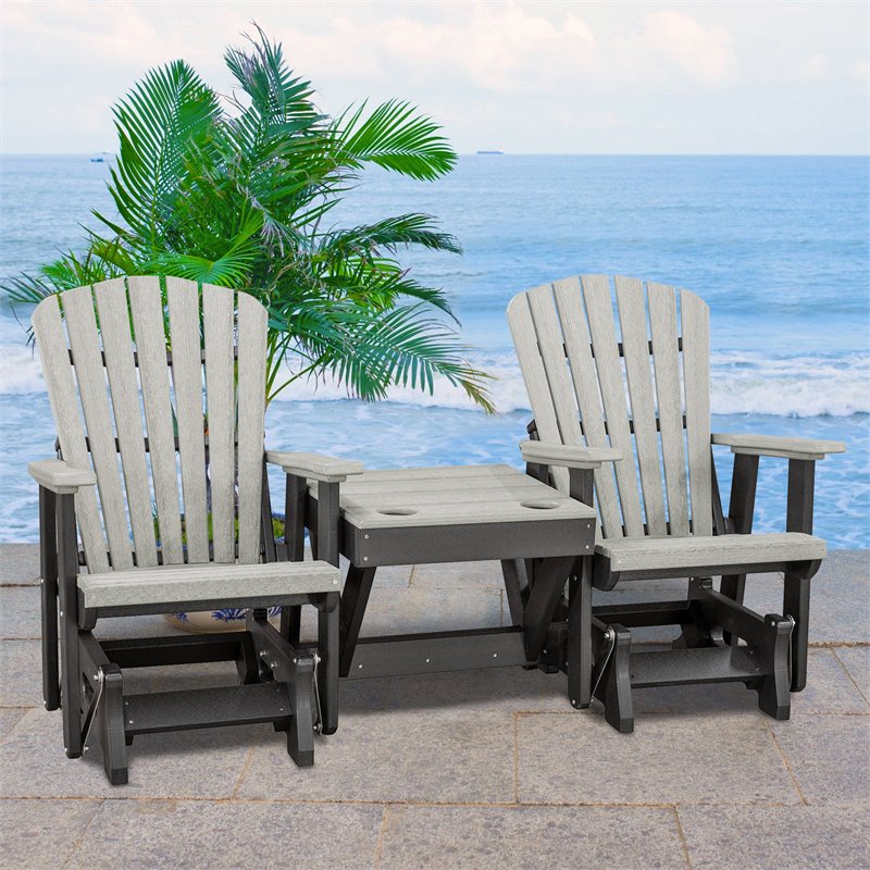 Pemberly Row Resin Double Glider w/Center Table in Gray/Black