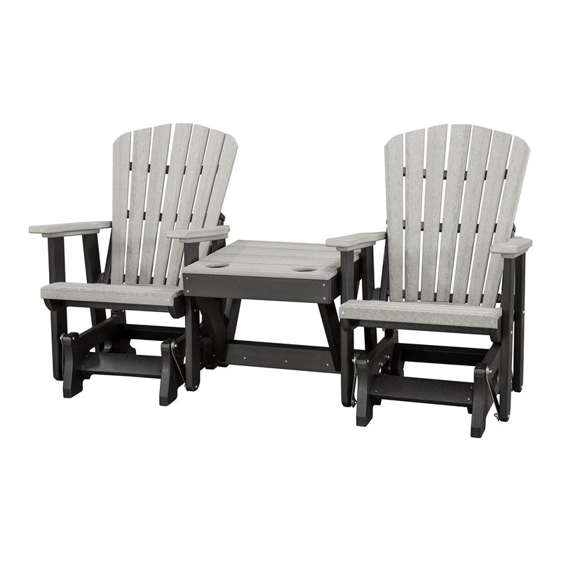 Pemberly Row Resin Double Glider w/Center Table in Gray/Black