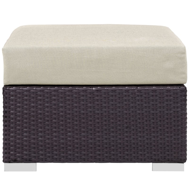 Pemberly Row Square Fabric and Rattan Patio Ottoman in Espresso/Beige