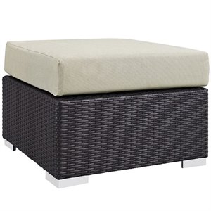 Pemberly Row Square Fabric and Rattan Patio Ottoman in Espresso/Beige