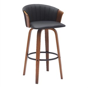 Pemberly Row 30&quot Swivel Wood & Faux Leather Bar Stool in Walnut/Black