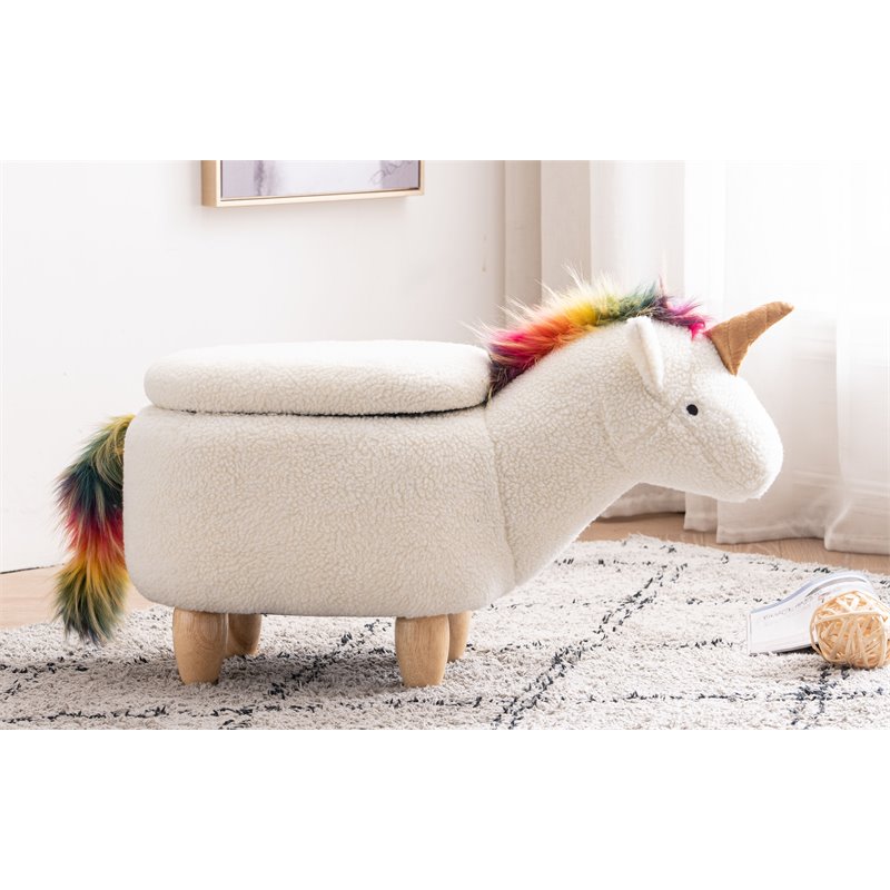 Pemberly Row The Unicorn Fabric Storage Ottoman/Stool in White/Natural