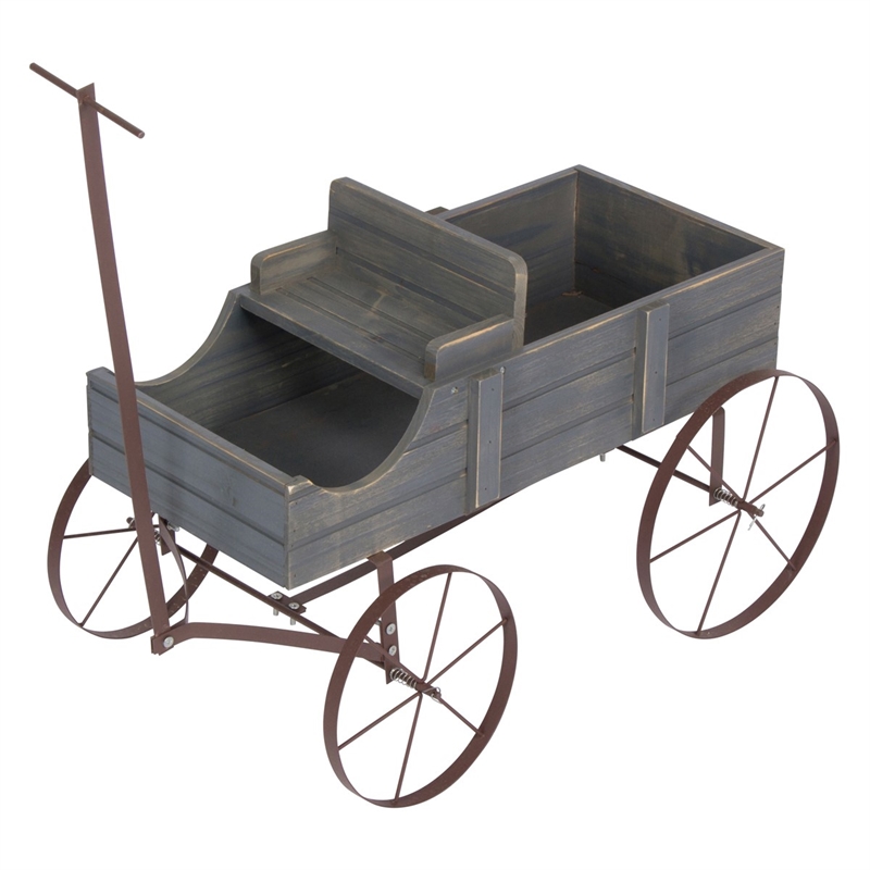 Pemberly Row Small Cedar Wood Decorative Buckboard Wagon Planter in Gray
