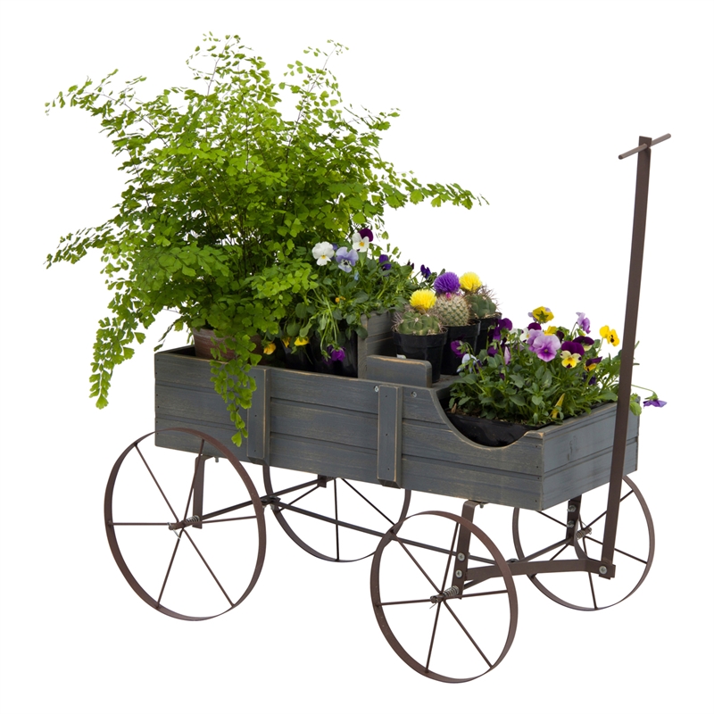 Pemberly Row Small Cedar Wood Decorative Buckboard Wagon Planter in Gray