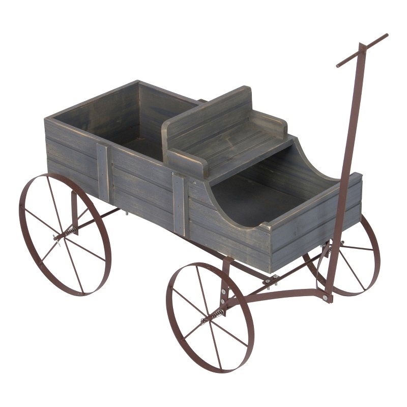 Pemberly Row Small Cedar Wood Decorative Buckboard Wagon Planter in Gray