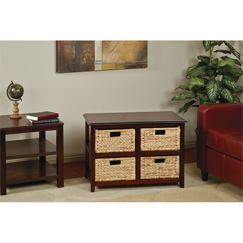 Pemberly Row Two-Tier Storage Unit With Espresso Wood Finish and Natural Baskets