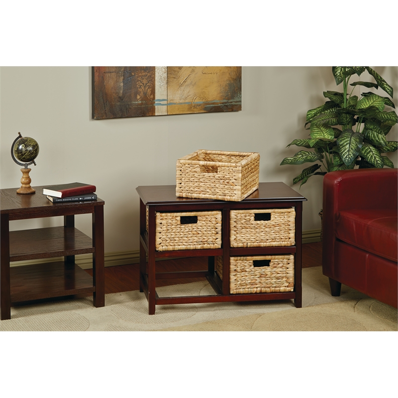 Pemberly Row Two-Tier Storage Unit With Espresso Wood Finish and Natural Baskets