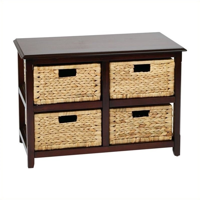 Pemberly Row Two-Tier Storage Unit With Espresso Wood Finish and Natural Baskets