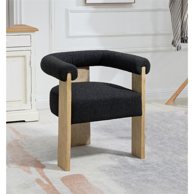 Pemberly Row Black Boucle Fabric Dining Chair in Solid Wood Natural Finish