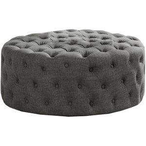 Pemberly Row Contemporary 40&quot Round Linen Fabric Ottoman in Gray
