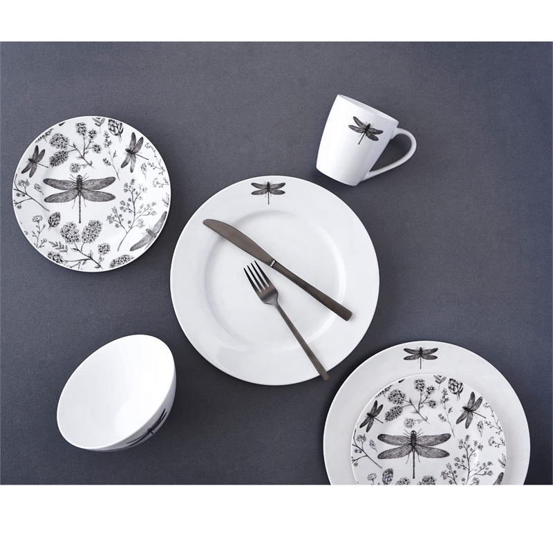 Pemberly Row Contemporary Porcelain Dinner Set 16 Piece Dragonfly