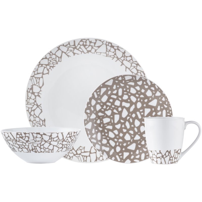 Pemberly Row Modern Porcelain Dinner Set 16 Piece Terrazzo Beige