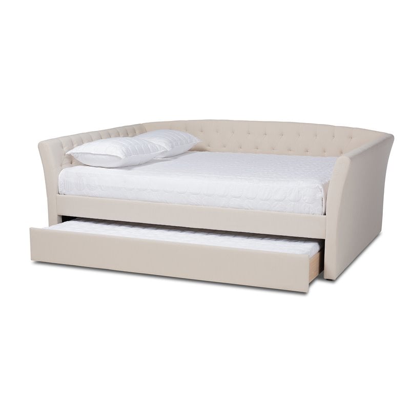 Pemberly Row Queen Size Beige Upholstered Daybed with Trundle