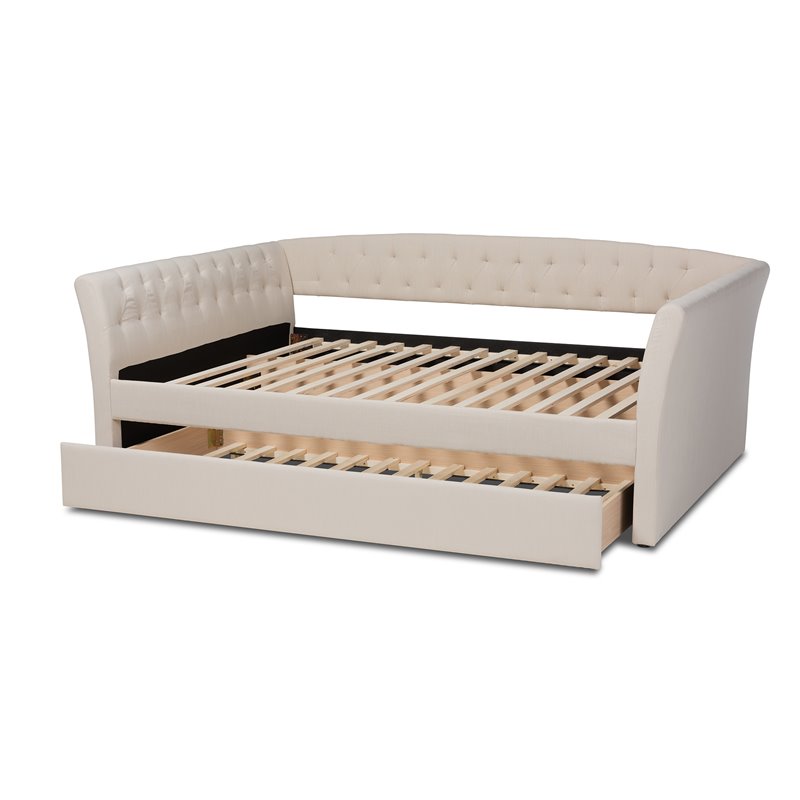 Pemberly Row Queen Size Beige Upholstered Daybed with Trundle