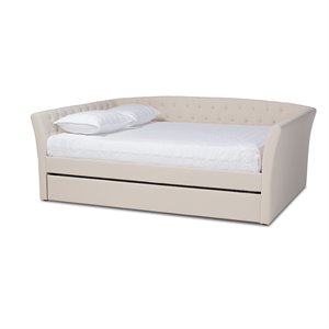 Pemberly Row Queen Size Beige Upholstered Daybed with Trundle