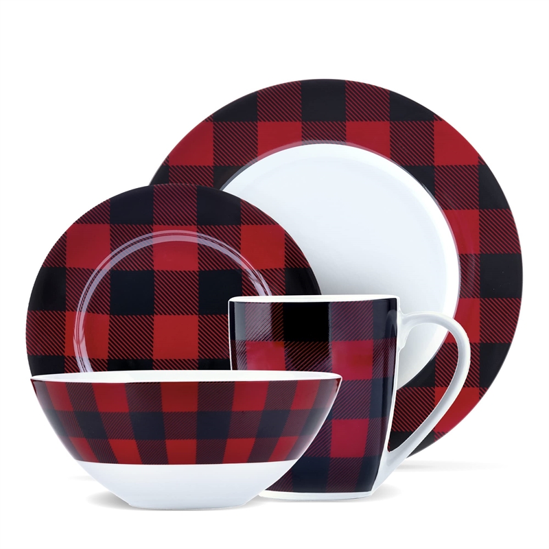Pemberly Row Porcelain Dinner Set 16 Piece Buffalo Plaid Red/Black