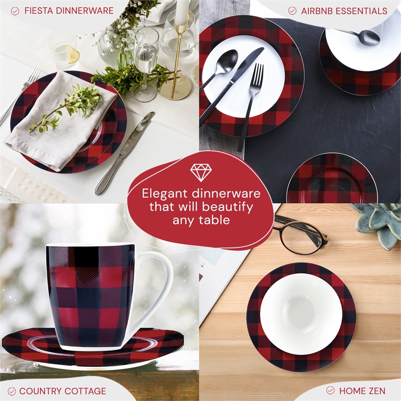 Pemberly Row Porcelain Dinner Set 16 Piece Buffalo Plaid Red/Black