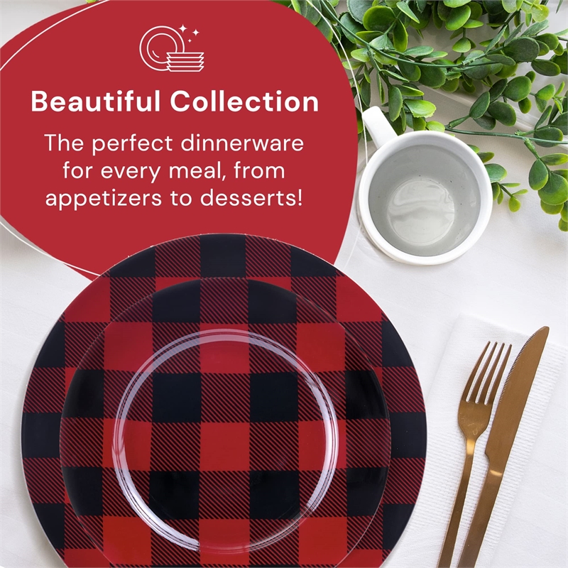 Pemberly Row Porcelain Dinner Set 16 Piece Buffalo Plaid Red/Black