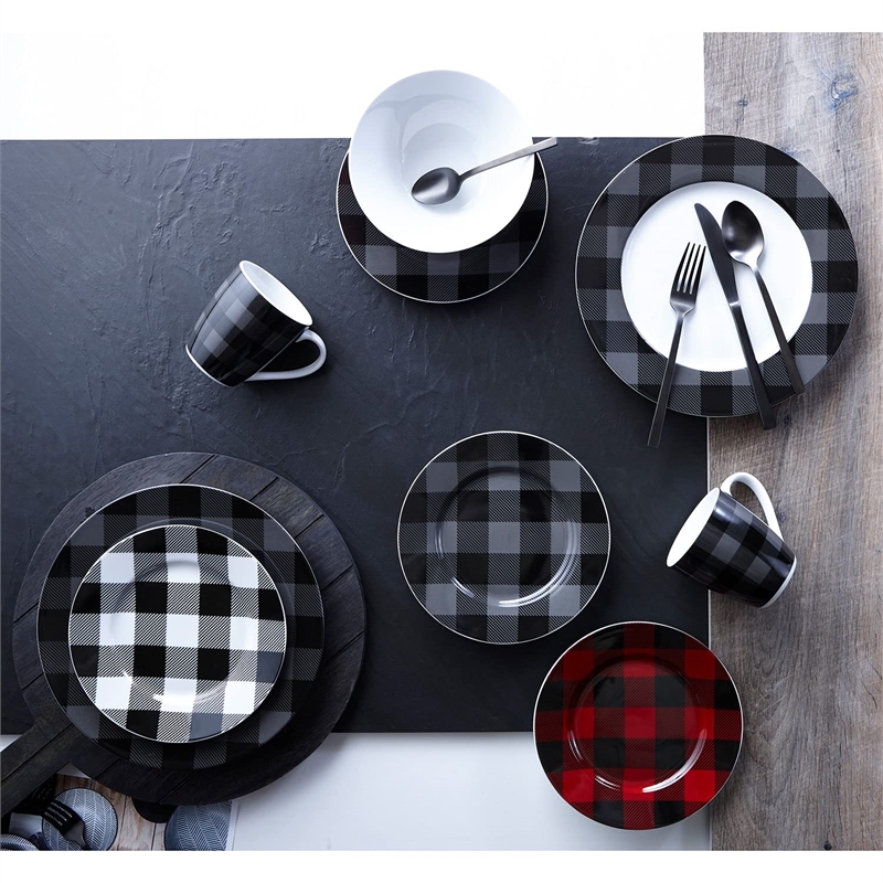 Pemberly Row Porcelain Dinner Set 16 Piece Buffalo Plaid Grey/Black