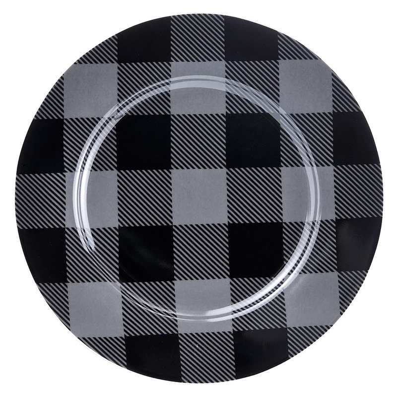 Pemberly Row Porcelain Dinner Set 16 Piece Buffalo Plaid Grey/Black