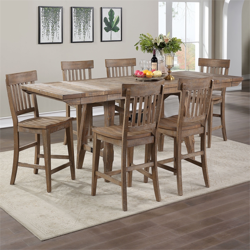 Pemberly Row Light Brown Distressed Wood Counter Height 7-Piece Dining Set