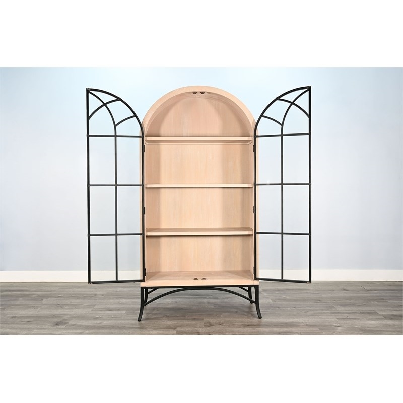 Pemberly Row Contemporary Glass Display Cabinet in Off White Solid Wood