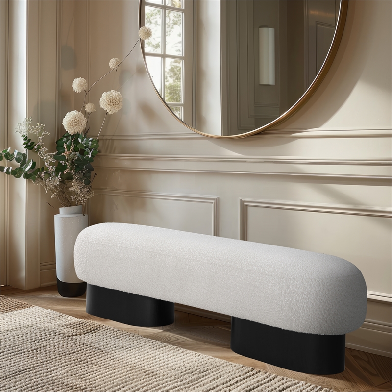Pemberly Row Contemporary Rich Cream Boucle Fabric Bench in Black