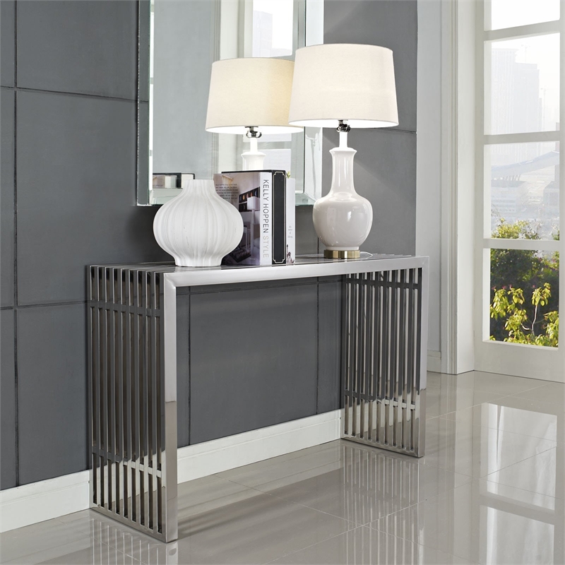 Pemberly Row Contemporary Stainless Steel Console Table in Silver