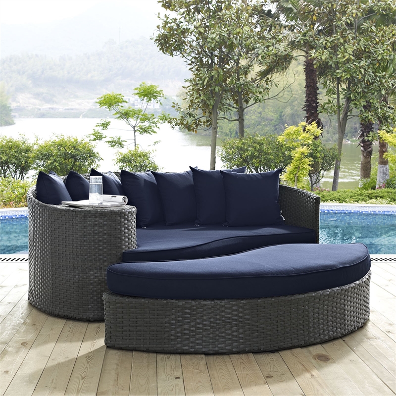 Pemberly Row Aluminum and Rattan Patio Daybed in Canvas/Navy