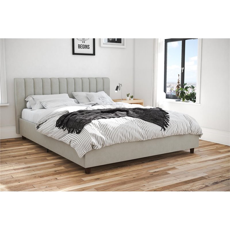 Pemberly Row Modern Upholstered Queen Bed in Light Gray Linen