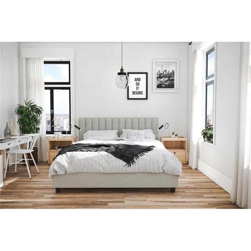Pemberly Row Modern Upholstered Queen Bed in Light Gray Linen