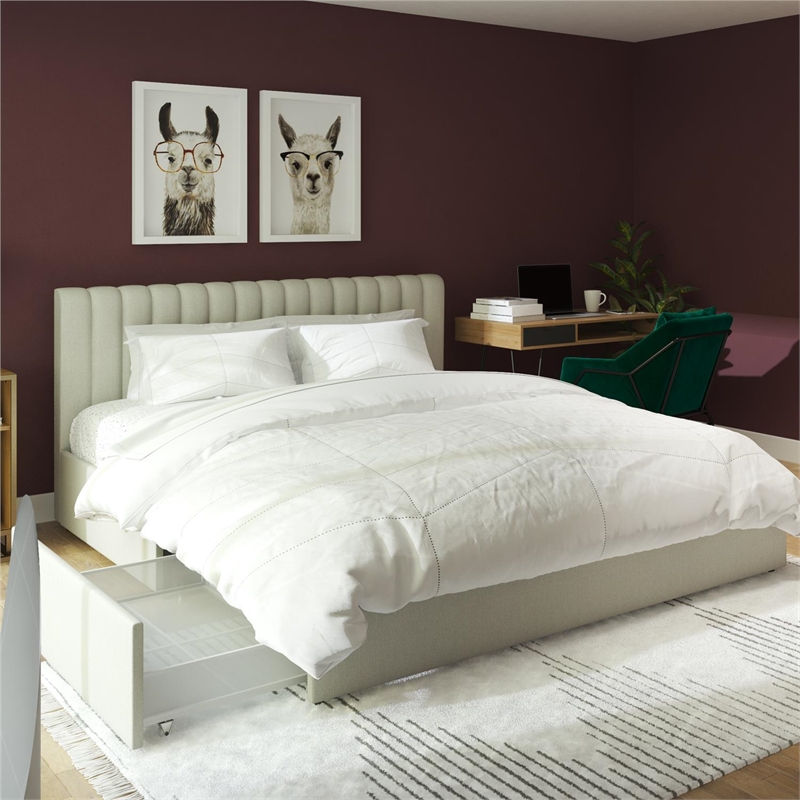 Pemberly Row Modern Upholstered King Bed with Storage Drawers