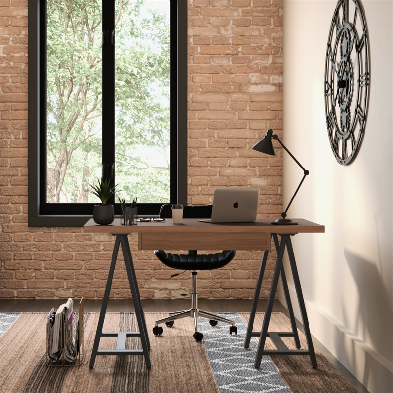 Pemberly Row Industrial 50 inch Wide Solid WALNUT Wood and Metal Small Desk