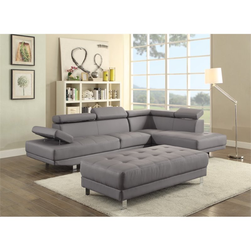 Pemberly Row Faux Leather Sectional in Gray with Adjustable Head and Arm Rest