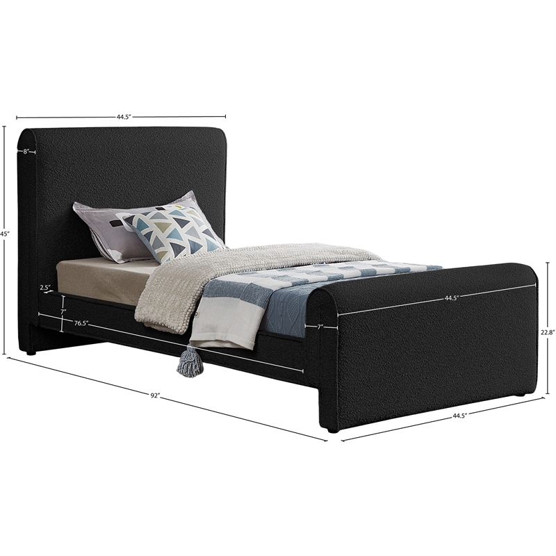 Pemberly Row Curved Headboard and Footboard Rich Black Boucle Fabric Twin Bed