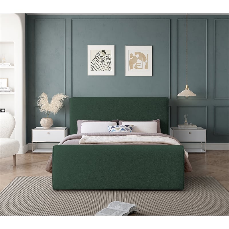 Pemberly Row Curved Headboard and Footboard Rich Green Boucle Fabric Full Bed