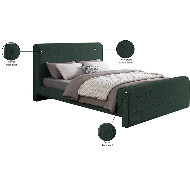 Pemberly Row Curved Headboard and Footboard Rich Green Boucle Fabric Full Bed