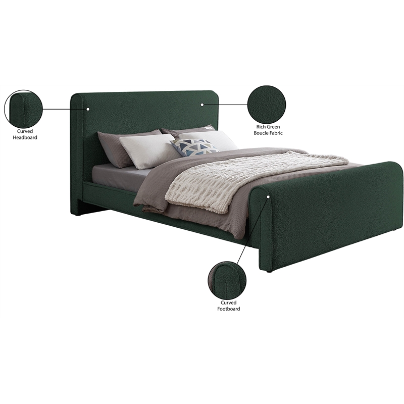 Pemberly Row Curved Headboard and Footboard Rich Green Boucle Fabric King Bed