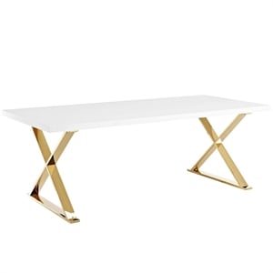 Pemberly Row 87&quot Wood & Stainless Steel Cross Base Dining Table in White/Gold